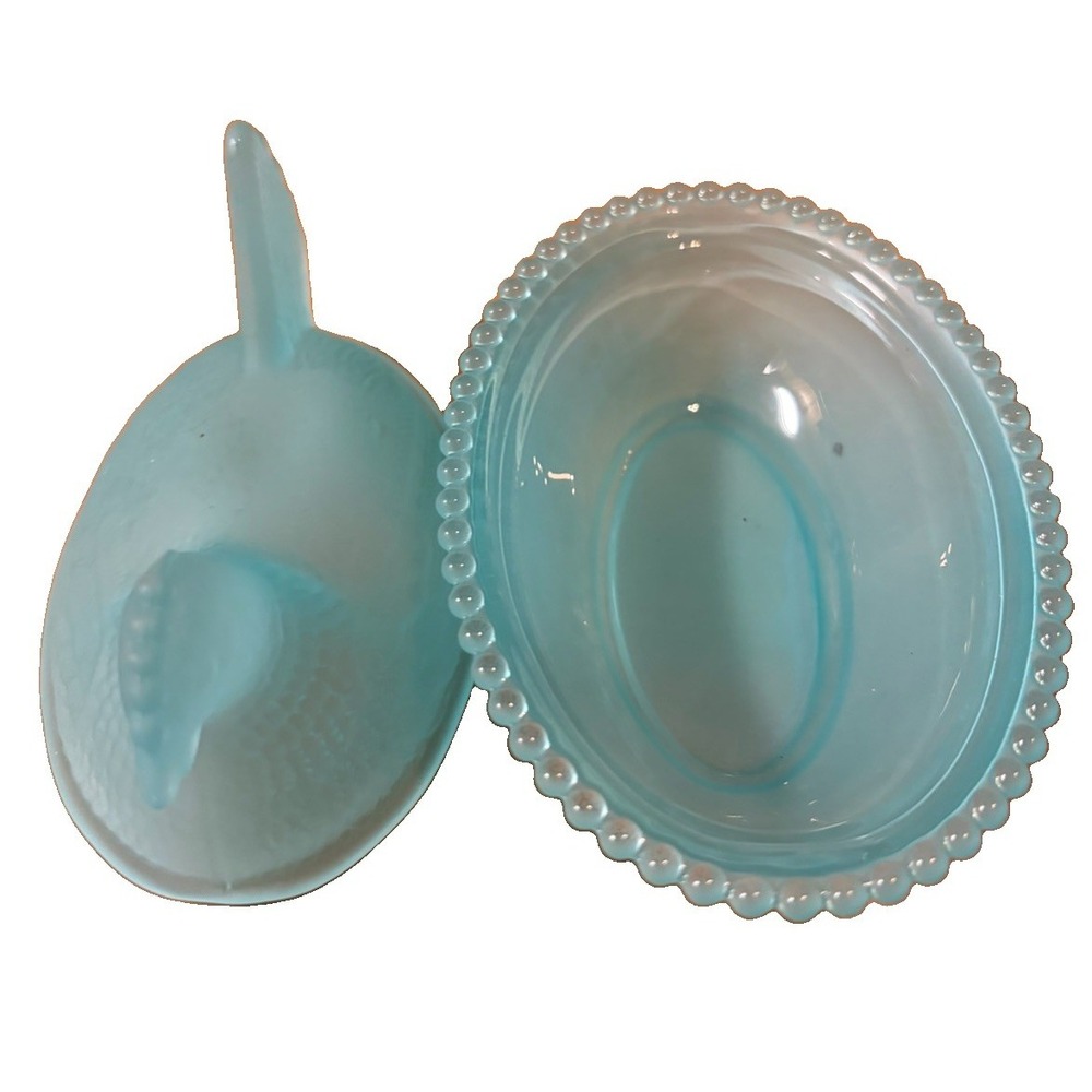 Blue Frosted Glass Hen on Nest Covered Dish Candy Trinket Jewelry Box Beaded Rim - Picture 7 of 7